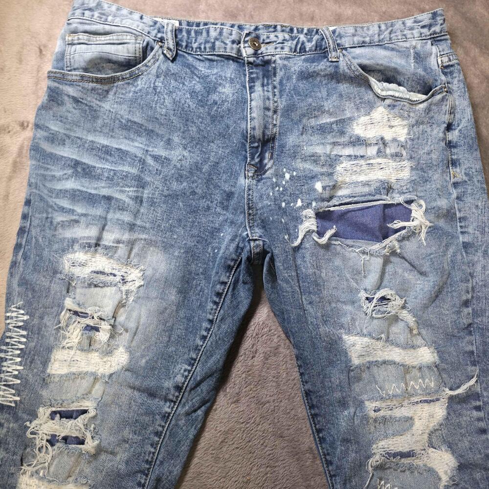Smoke Rise Jeans Mens 42x32 Light Wash Blue Distressed Ripped Patch Denim